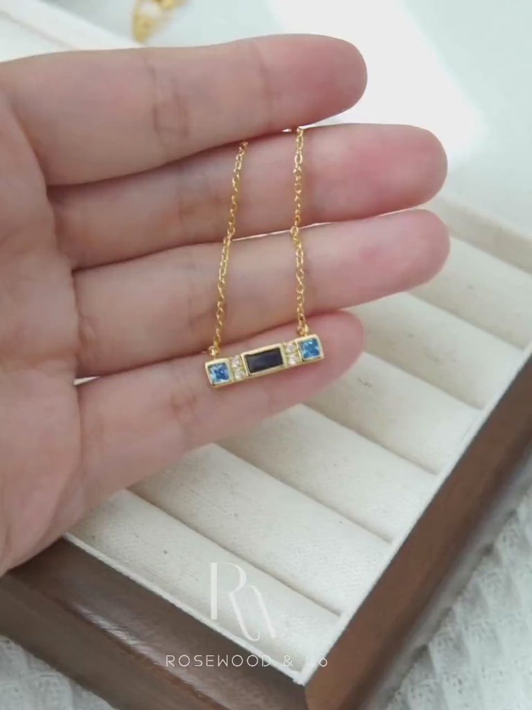 18K Gold Plated Baguette Birthstone Necklace, Blue Diamond Bar Pendant, Gift for her, Gift for mom