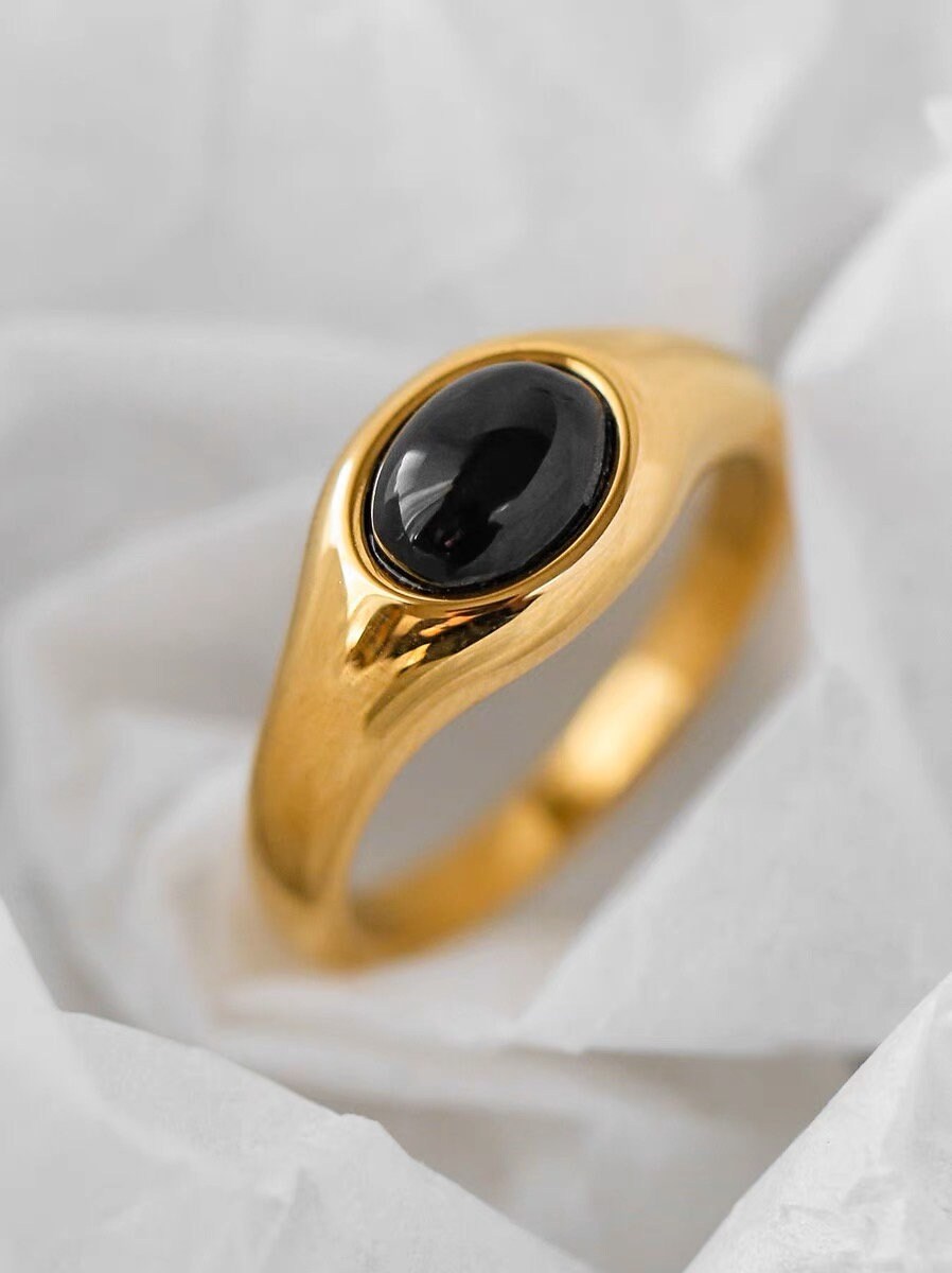 Waterproof Black Agate Signet Ring, 18K Gold Plated Black Chunky Ring, Black Stone Band Ring, Minimalist Stackable Ring, Gift for mom