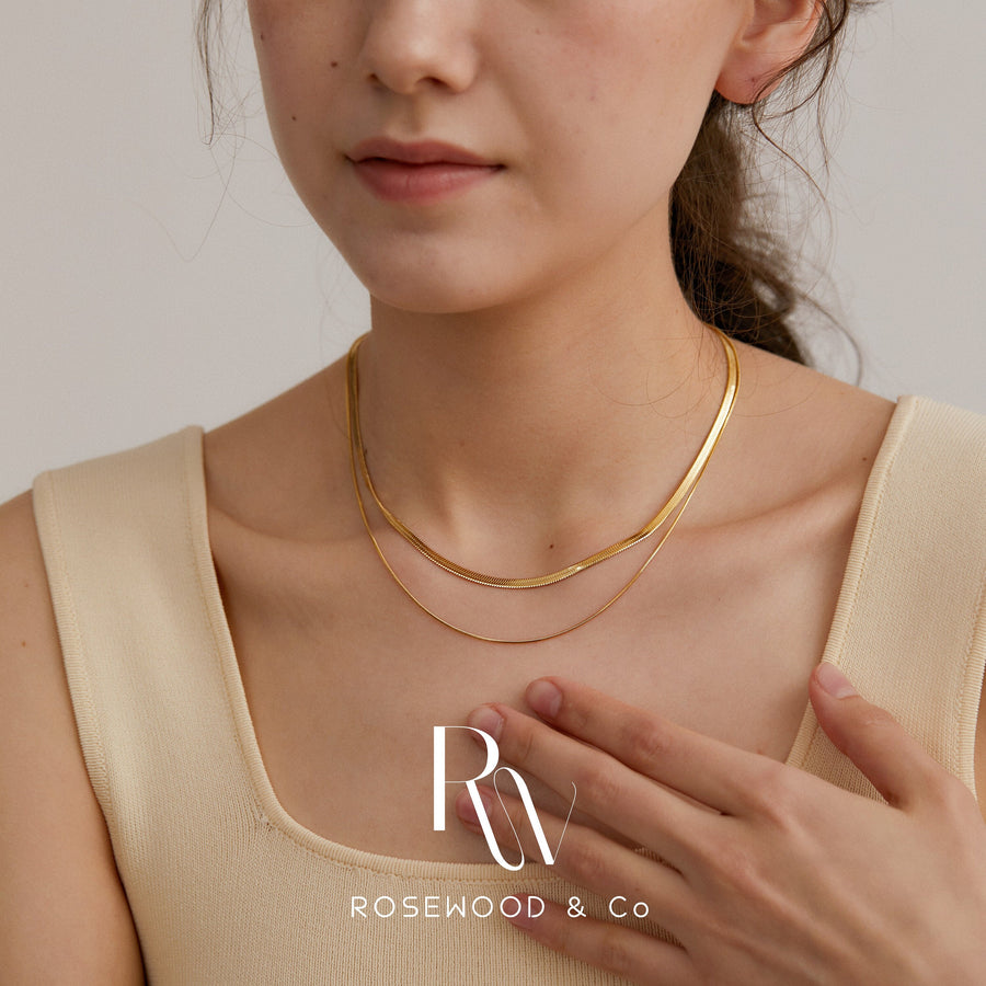 Non Tarnish 3mm Gold Double Layer Necklace, Herringbone Necklace, Gold Plated Stackable Necklace; Waterproof Chain Necklace, Gift for mom