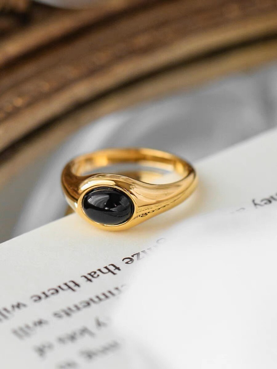 Waterproof Black Agate Signet Ring, 18K Gold Plated Black Chunky Ring, Black Stone Band Ring, Minimalist Stackable Ring, Gift for mom