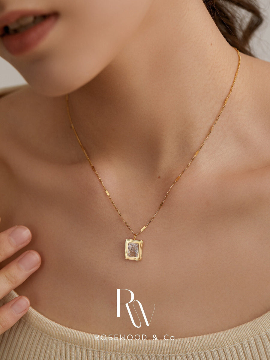 Gold Plated Cubic Pendant Necklace, Non Tarnish Zirconia Square Necklace, Dainty CZ Geometric Pendant, Statement Necklace, Waterproof
