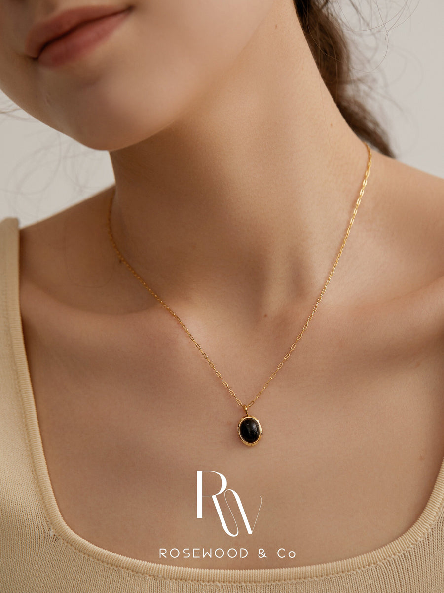 White Opal Necklace, Black Stone Pendant, Gold Plated Curb Chain Necklace, Non Tarnish Black Oval Necklace, Waterproof Stackable Necklace