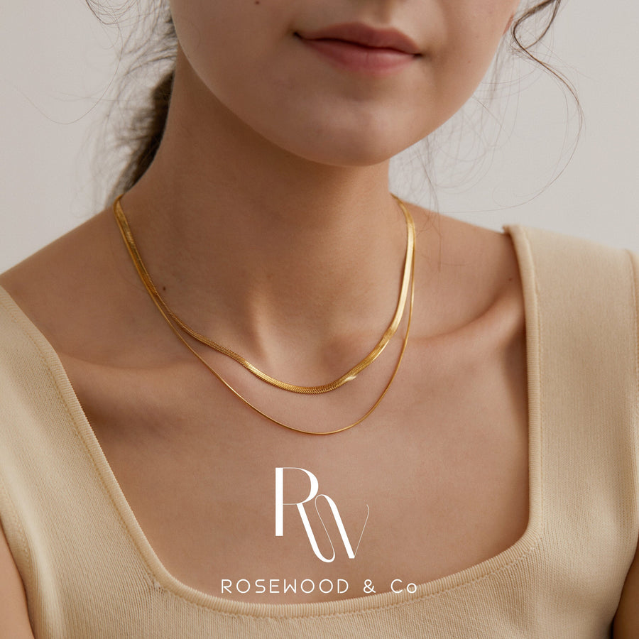 Non Tarnish 3mm Gold Double Layer Necklace, Herringbone Necklace, Gold Plated Stackable Necklace; Waterproof Chain Necklace, Gift for mom