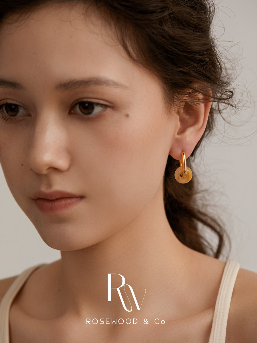 U-shaped Yellow Hoop Earring, Pink Nature Gemstone Earring, Gold Plated Drop Earring, Brown Stone Dangle Earring, Non Tarnish,