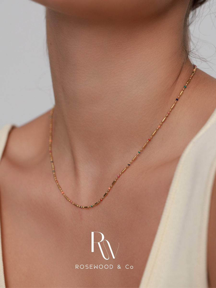 18K Gold Plated Rainbow Chain Necklace, Delicate Thin Necklace, Rainbow Beaded Necklace, Non Tarnish Charm Necklace, Gift for her