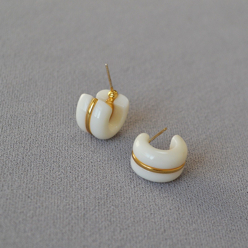 White Acrylic Hoop Earring, Black Acrylic Stud Earring, Gold Plated Small Hoop Earring, Light Weight Hoops, Gift for her