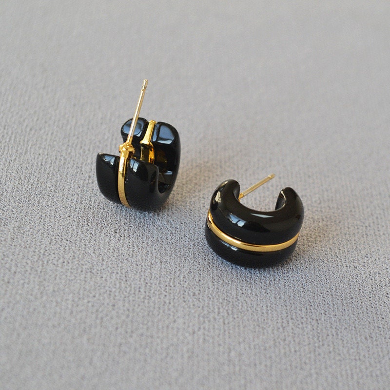 White Acrylic Hoop Earring, Black Acrylic Stud Earring, Gold Plated Small Hoop Earring, Light Weight Hoops, Gift for her