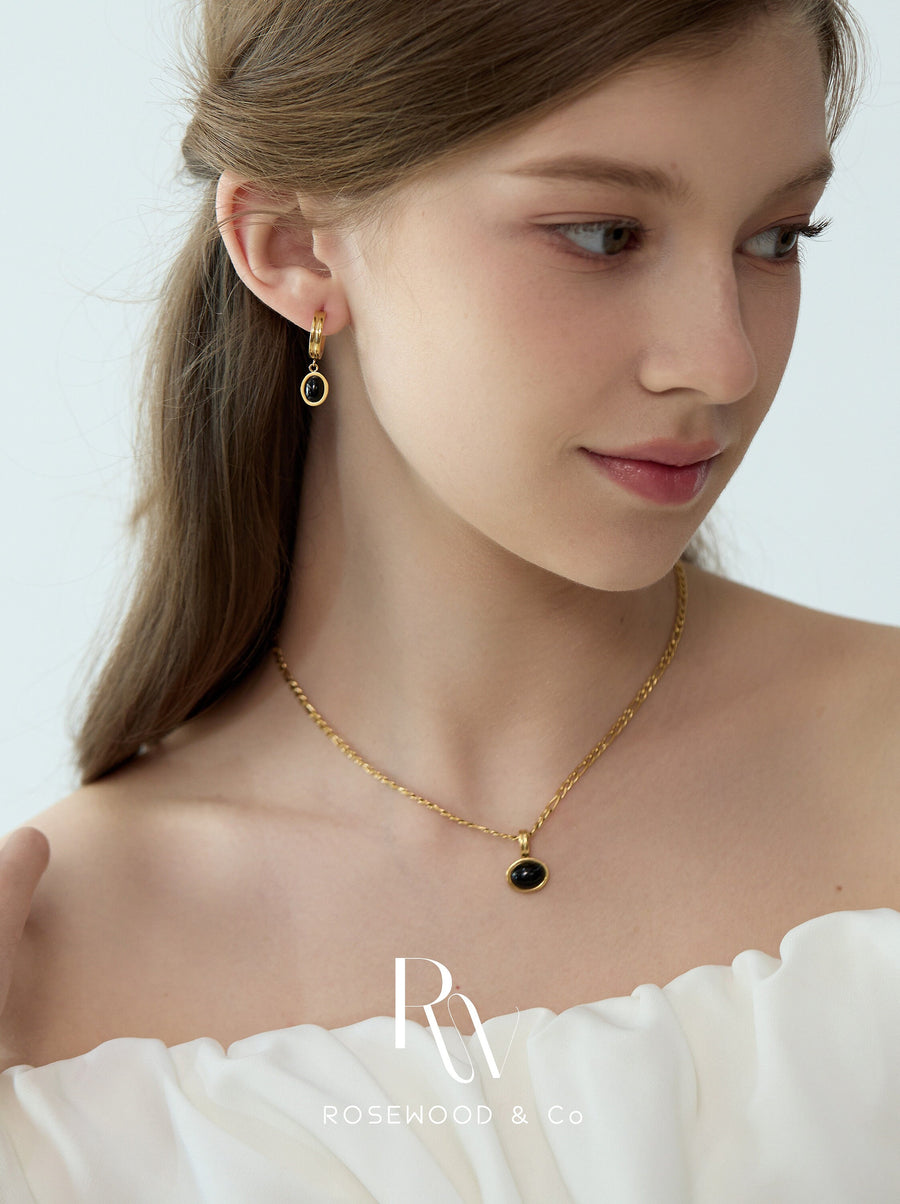 Black Onyx Oval Pedant, Black Agate Round Pendant, Non Tarnish Gold Chain Necklace, Nature Gemstone Necklace, Birthstone Necklace