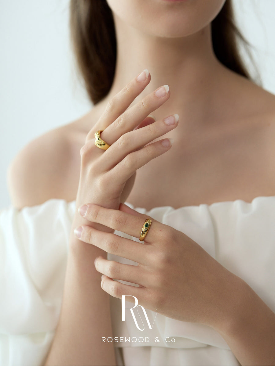 Non Tarnish Gold Textured Band Ring, Handmade Hammered Band Ring, Green Gemstone Signet ring, Gold Lava Wave Ring, Gold Filled Band Ring