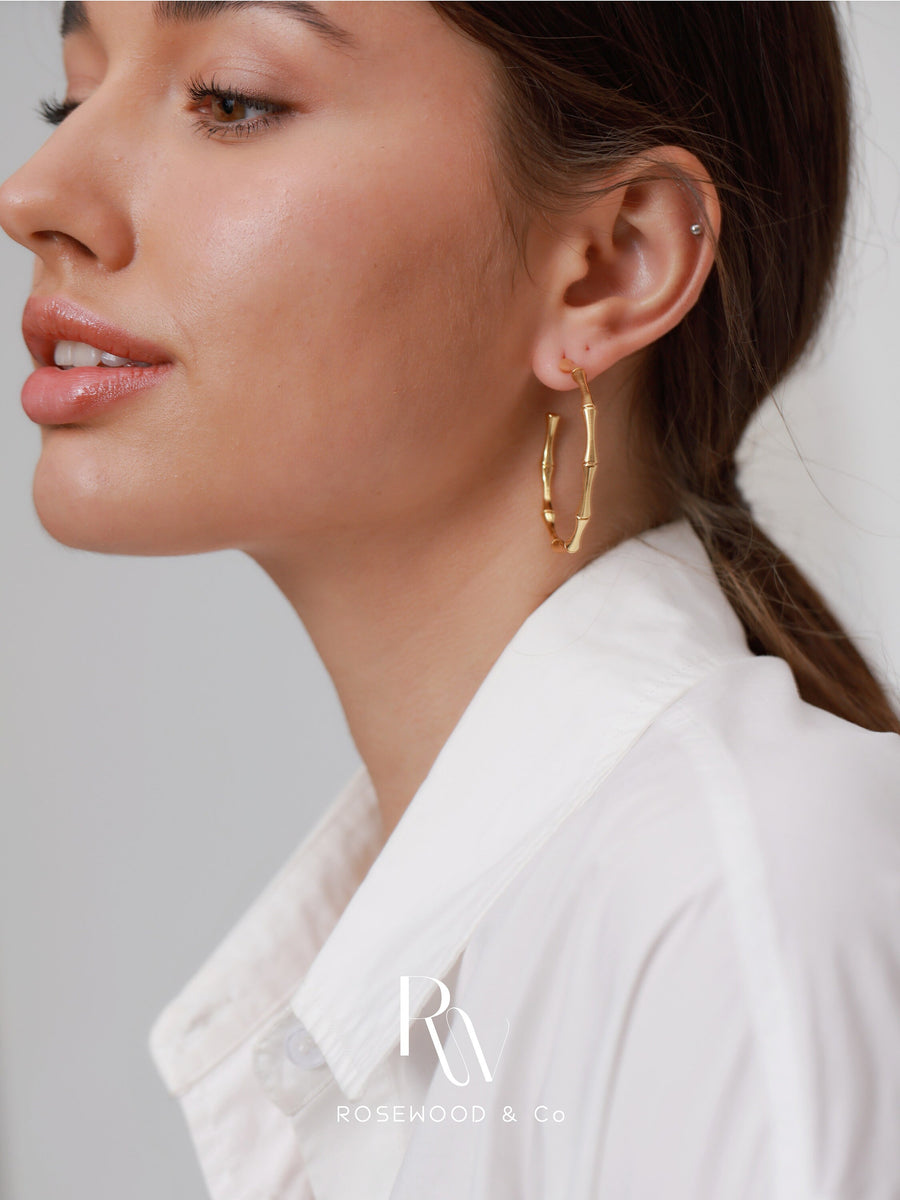 Lightweight Gold Plated Large Hoops, Non Tarnish Bamboo Hoop Earrings, Vintage Gold Chunky Large Hoops, Gift for her