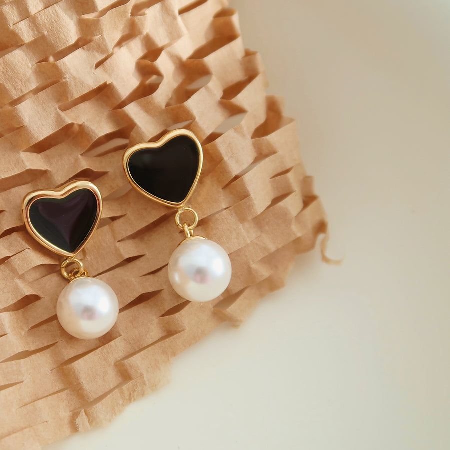 Black Heart Stud Earring, Pearl Drop earring, Light weight Gold Dangle Earring, Delicate Heart Huggies, Gift for her