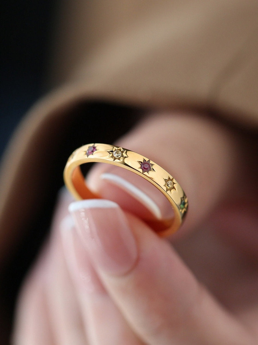 Non Tarnish Rainbow Band Ring, 1.5mm Gold Paved Band Ring, 3mm Gold Celestial Band Ring, Sun and Star Band Ring, Sunburst Ring
