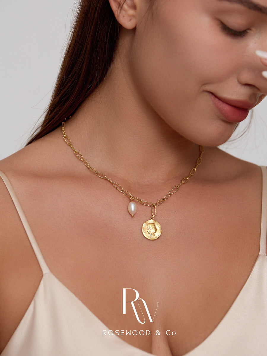 Non Tarnish Gold Coin Pendant, Vintage Style Medallion Coin Pendant, Genuine Pearl Pendant Necklace, 18k Gold Plated Linked Chain Necklace