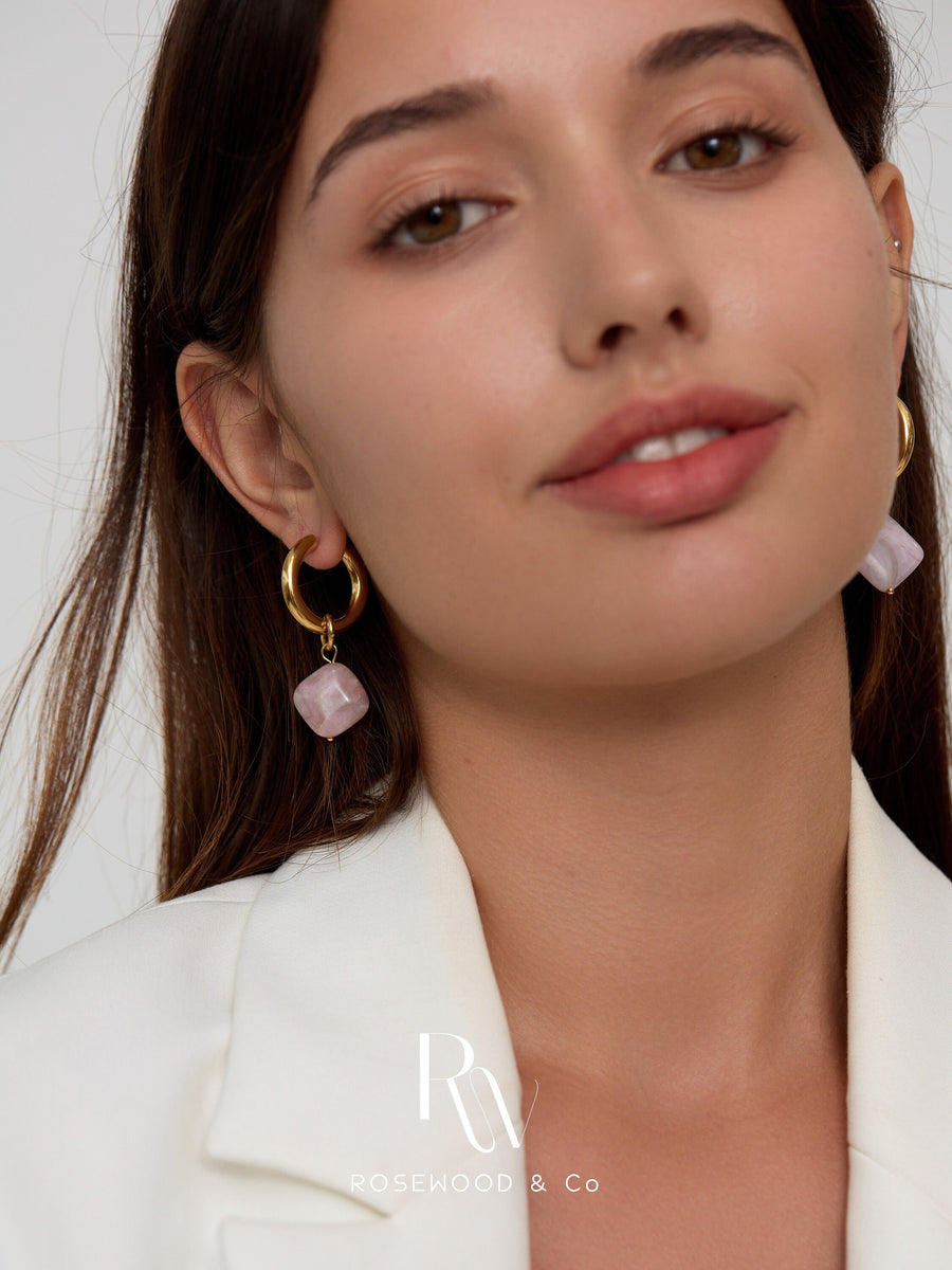 Pink Gemstone Drop Earrings, Gold Gemstone Dangle Earring, Diamond Shape Drop Earring, Geometric Drop Earrings, Gift for her