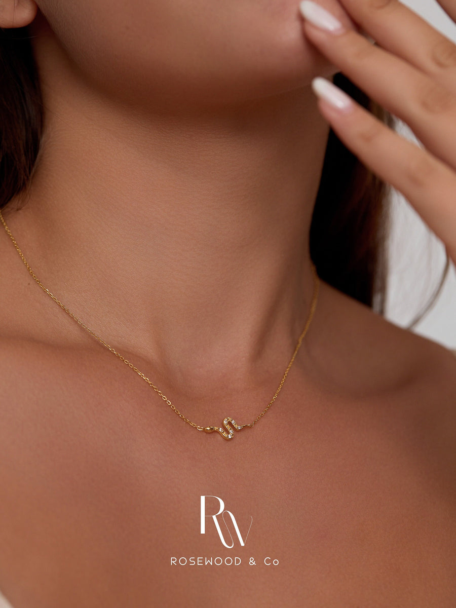 Gold Vermeil Serpent Pendant Necklace, Non Tarnish Snake Pendant, 18K Gold Plated Paved Snake Necklace, Gift for her