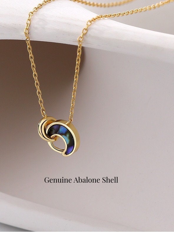 Retro Gold Moon Pendant, Blue Abalone Sea Shell Necklace,Gold Vermel Celestial Moon Pendant, Genuine Gemstone Necklace, Gift for her