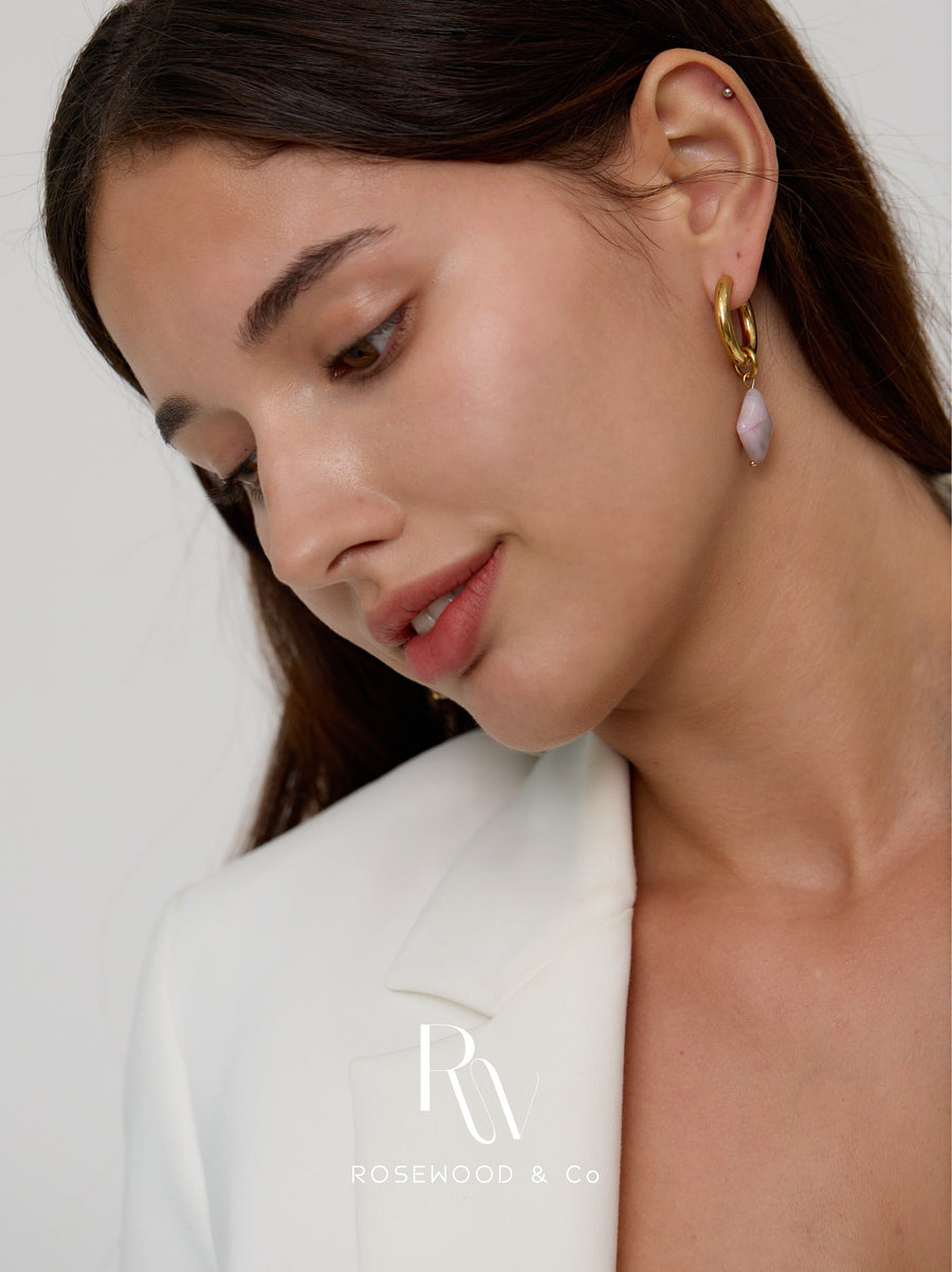 Pink Gemstone Drop Earrings, Gold Gemstone Dangle Earring, Diamond Shape Drop Earring, Geometric Drop Earrings, Gift for her