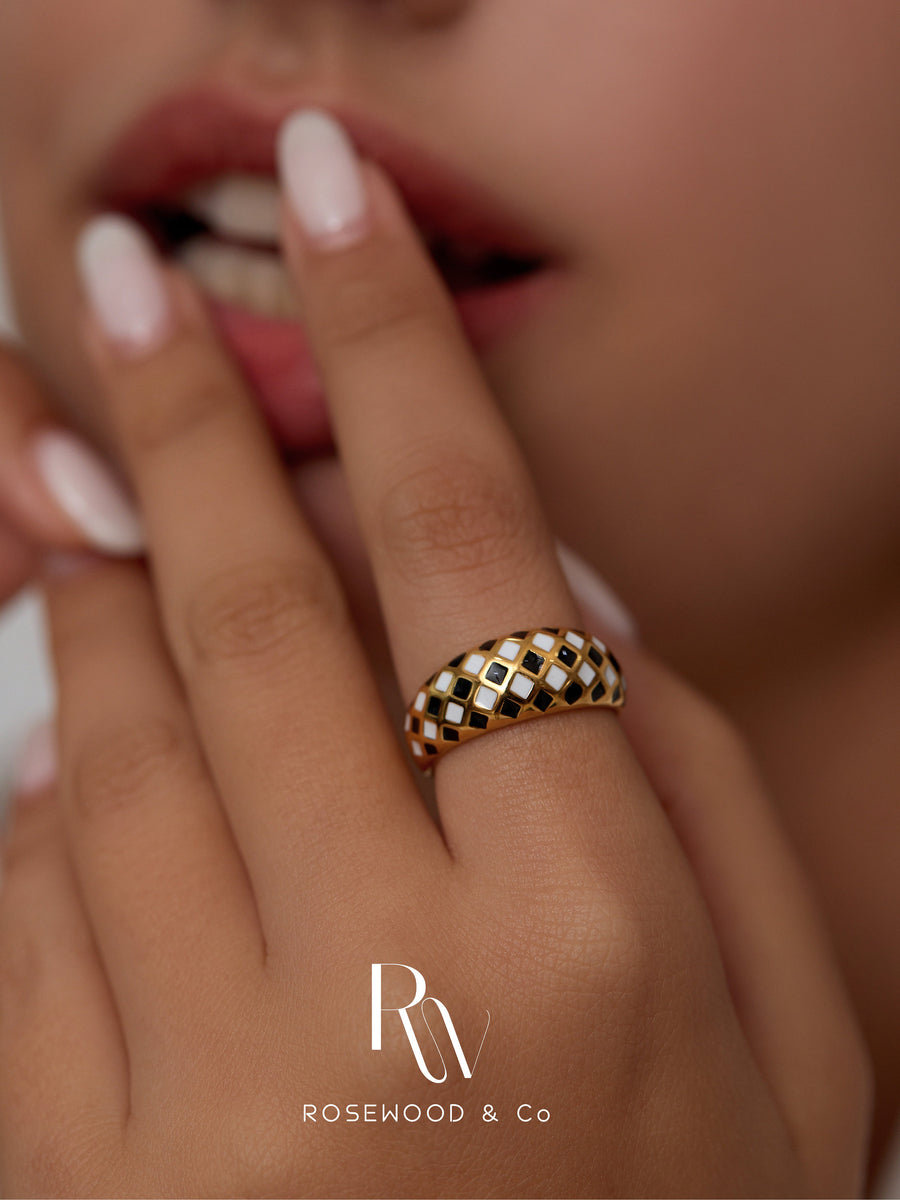 Black and White Checkerboard Dome Ring, Non Tarnish Gold Plated Dome Ring, Gold Bold Band Ring, Checker board Signet Ring, Gift for her