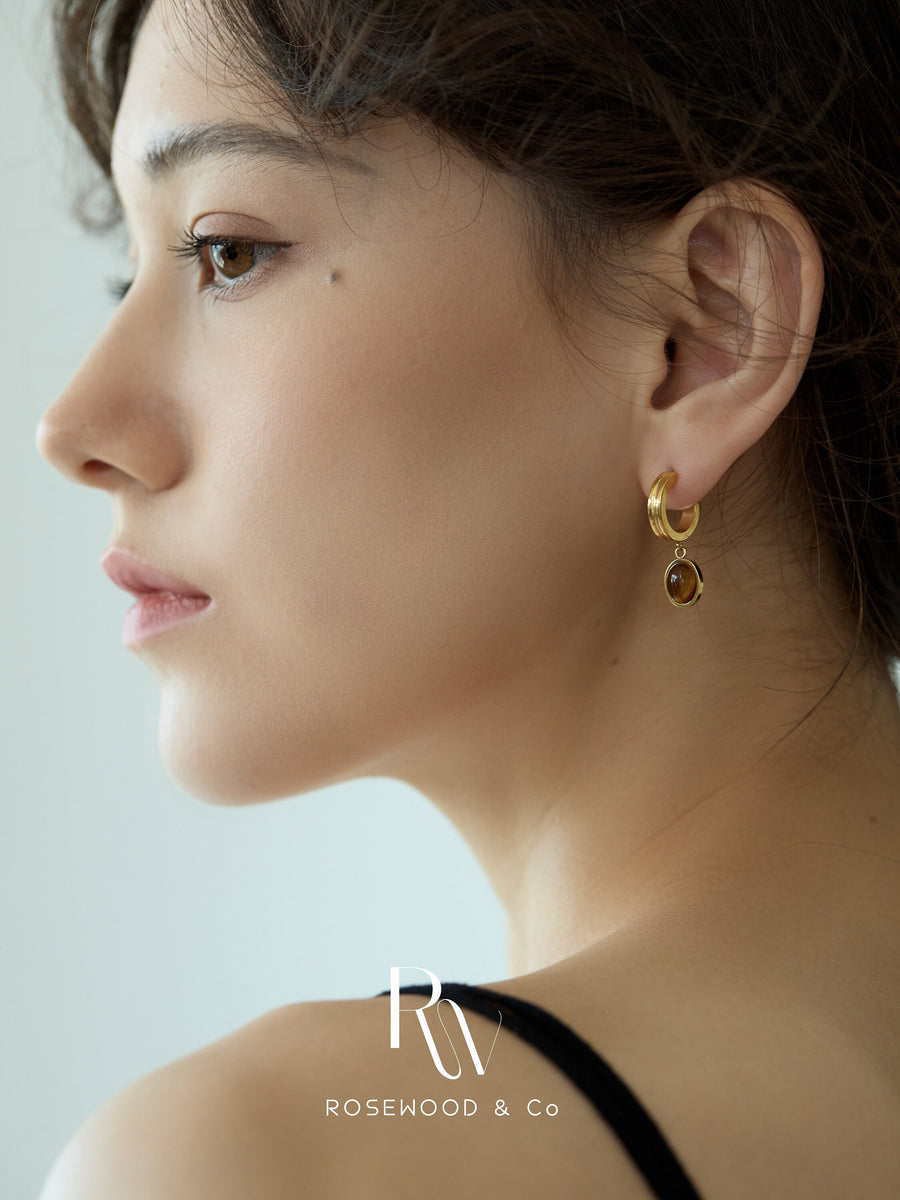 Gemstone Drop Earrings, Genuine Gemstone Huggies, Non Tarnish Gold Hoops, Tiger's Eye Earrings, Gold Dangle Earrings, Gift for her
