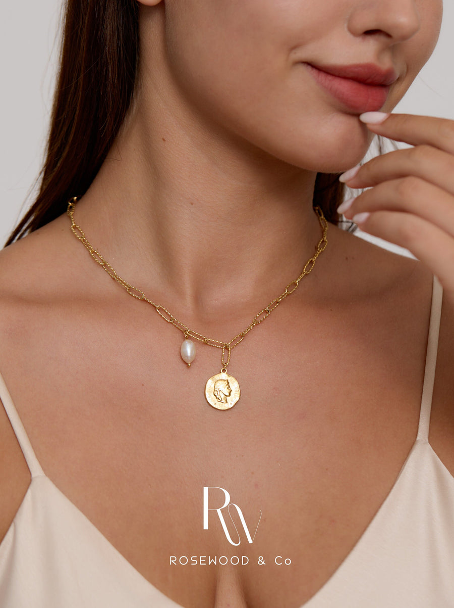 Non Tarnish Gold Coin Pendant, Vintage Style Medallion Coin Pendant, Genuine Pearl Pendant Necklace, 18k Gold Plated Linked Chain Necklace