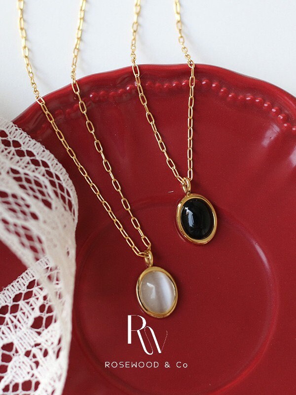 White Opal Necklace, Black Stone Pendant, Gold Plated Curb Chain Necklace, Non Tarnish Black Oval Necklace, Waterproof Stackable Necklace