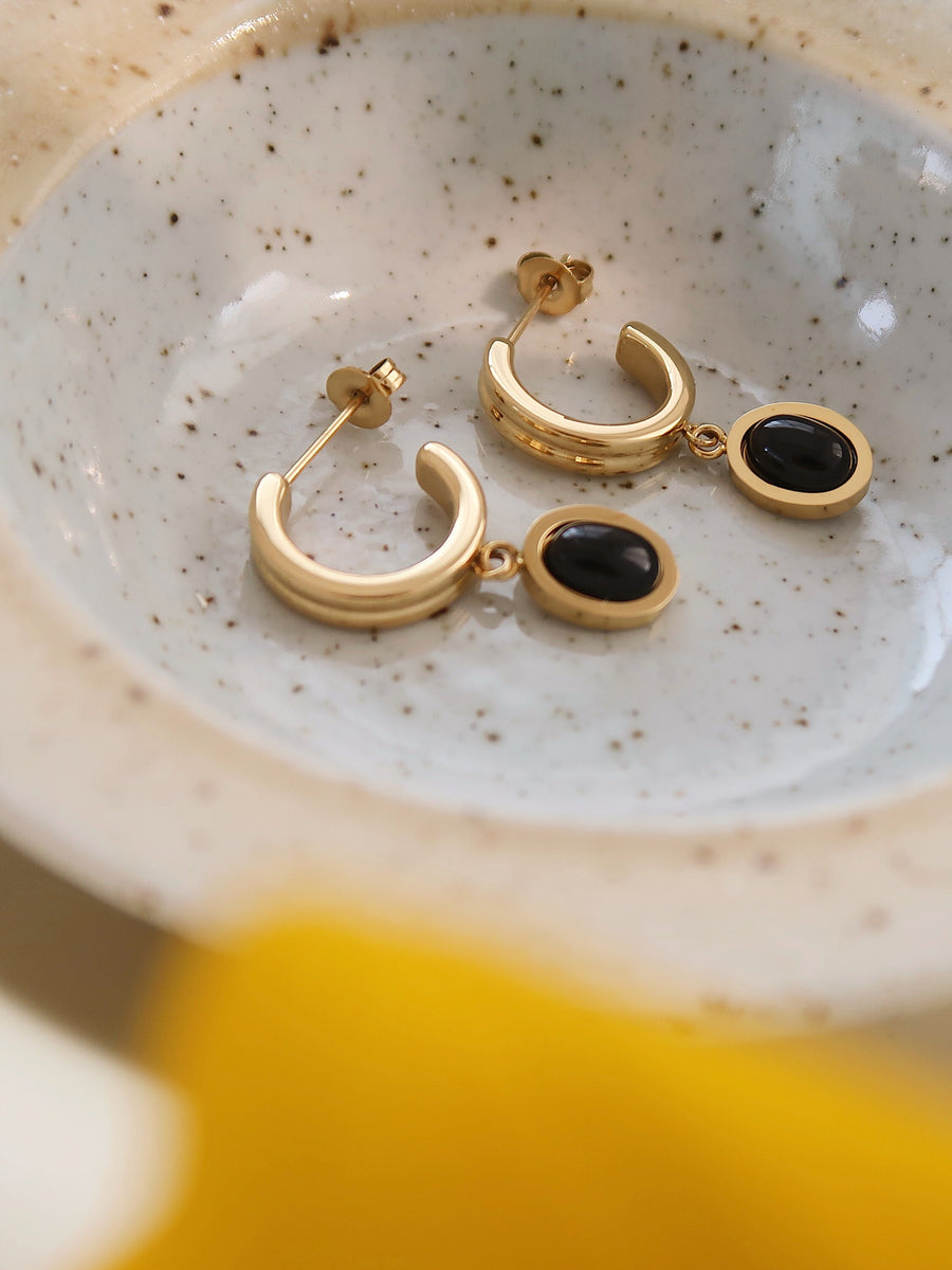 Nature Onyx Drop Earring, Black Onyx Drop Earring, Black Agate Hoops, Non Tarnish 18K Gold Plated Delicate Hoop Earring, Gift for her