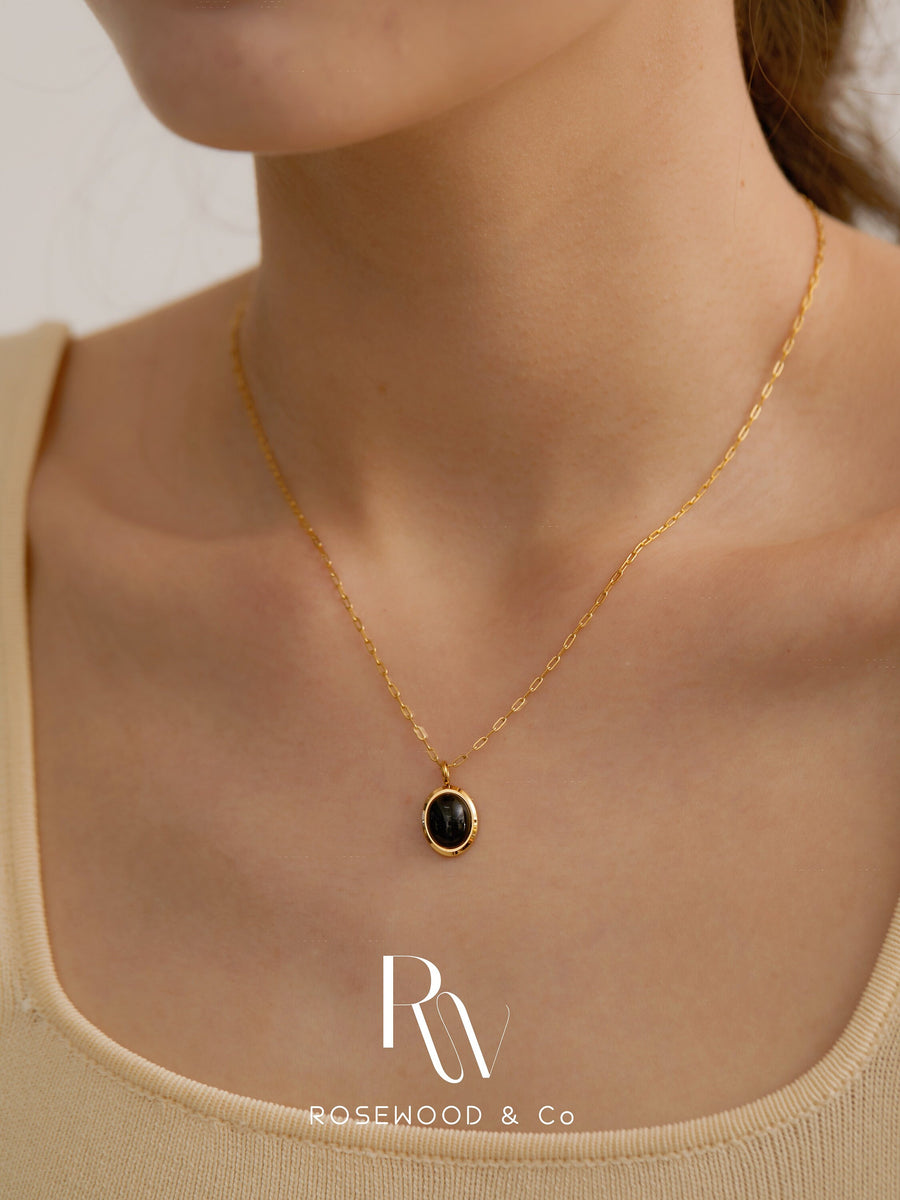 Non Tarnish Black Opal Necklace, Black Oval Opal Pendant, Waterproof Gold Chain Necklace, Dainty Curb Chain Necklace, Gift for mom