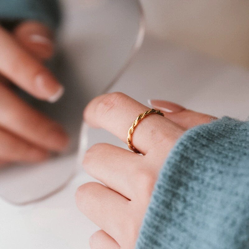 Gold Twisted Band Ring, Non Tarnish Super Thin Band Ring, Waterproof Vintage Band Ring, Minimalist Stackable Ring, Gift for mom
