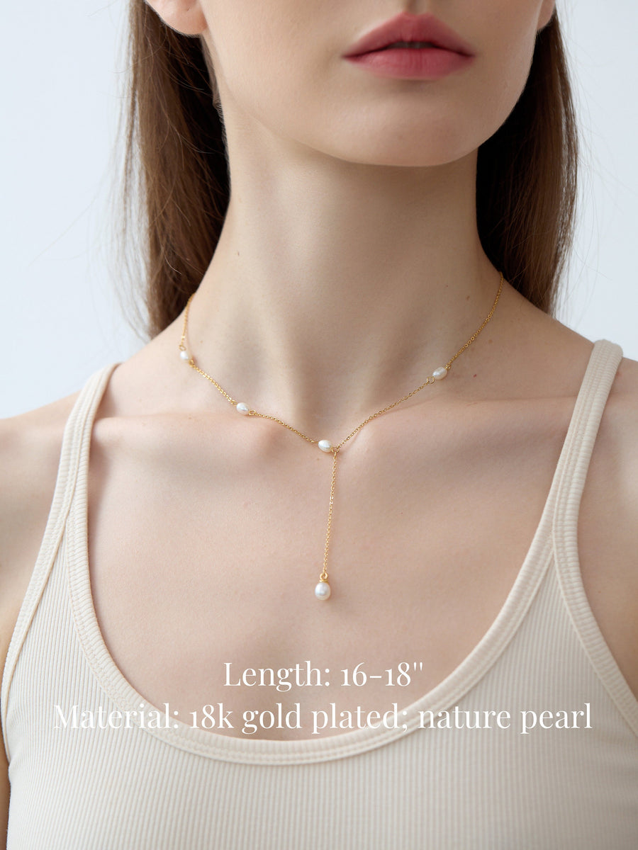 Pearl Y Shape Necklace, 18K Gold Plated Lariat Necklace, Genuine Pearl Drop Necklace, Pearl Beaded Necklace, Gift for her
