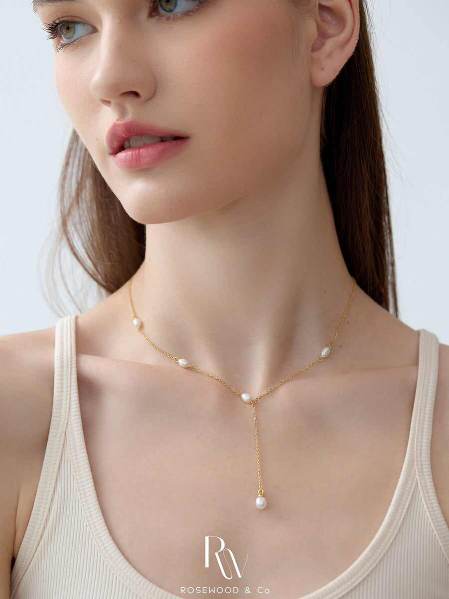Pearl Y Shape Necklace, 18K Gold Plated Lariat Necklace, Genuine Pearl Drop Necklace, Pearl Beaded Necklace, Gift for her