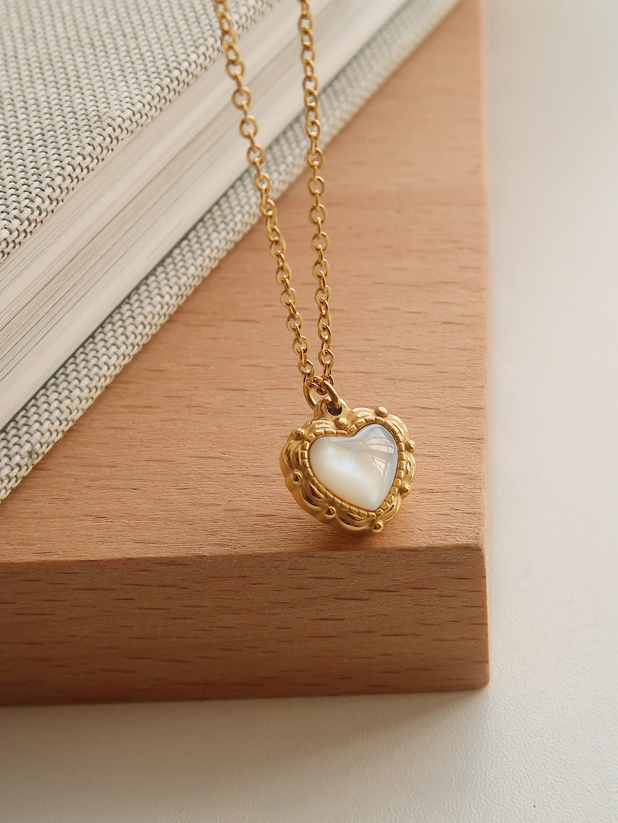 Mother of Pearl Heart Pendant Necklace, Vintage Heart Necklace, 18k Gold Plated Non Tarnish Charm Necklace