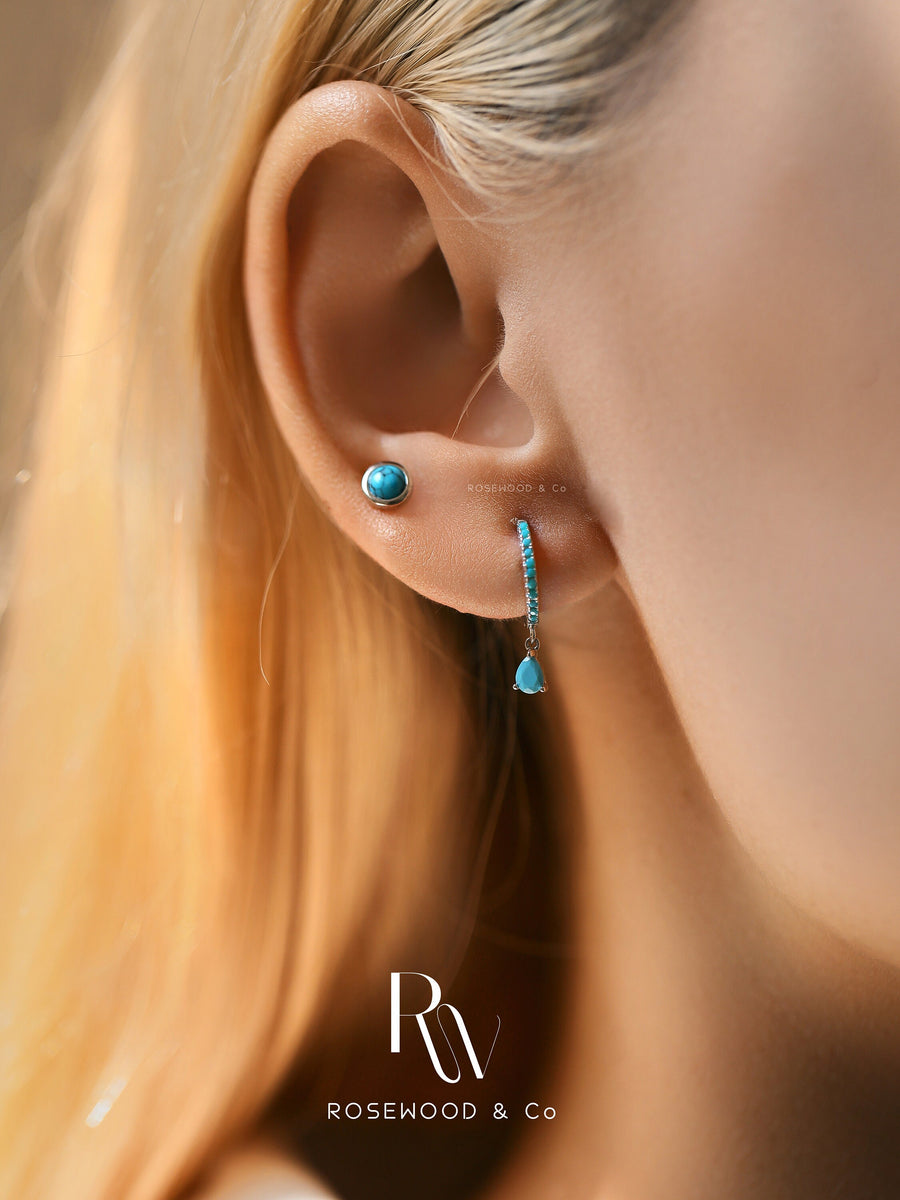 Blue Turquoise Stud Earrings, Sterling Silver Paved Huggies, Blue Gemstone Huggies, Blue Teardrop Earrings, Gift for her