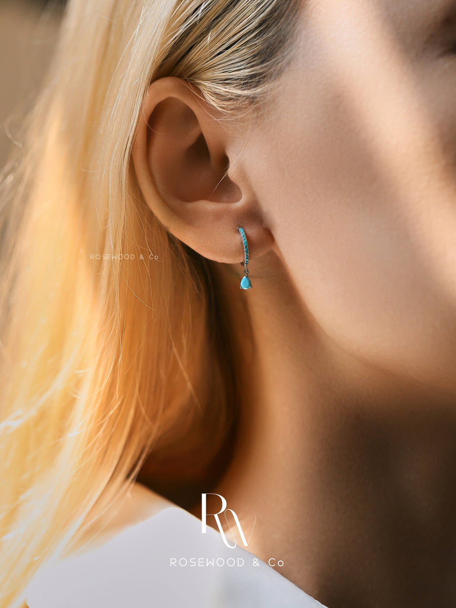 Blue Turquoise Stud Earrings, Sterling Silver Paved Huggies, Blue Gemstone Huggies, Blue Teardrop Earrings, Gift for her
