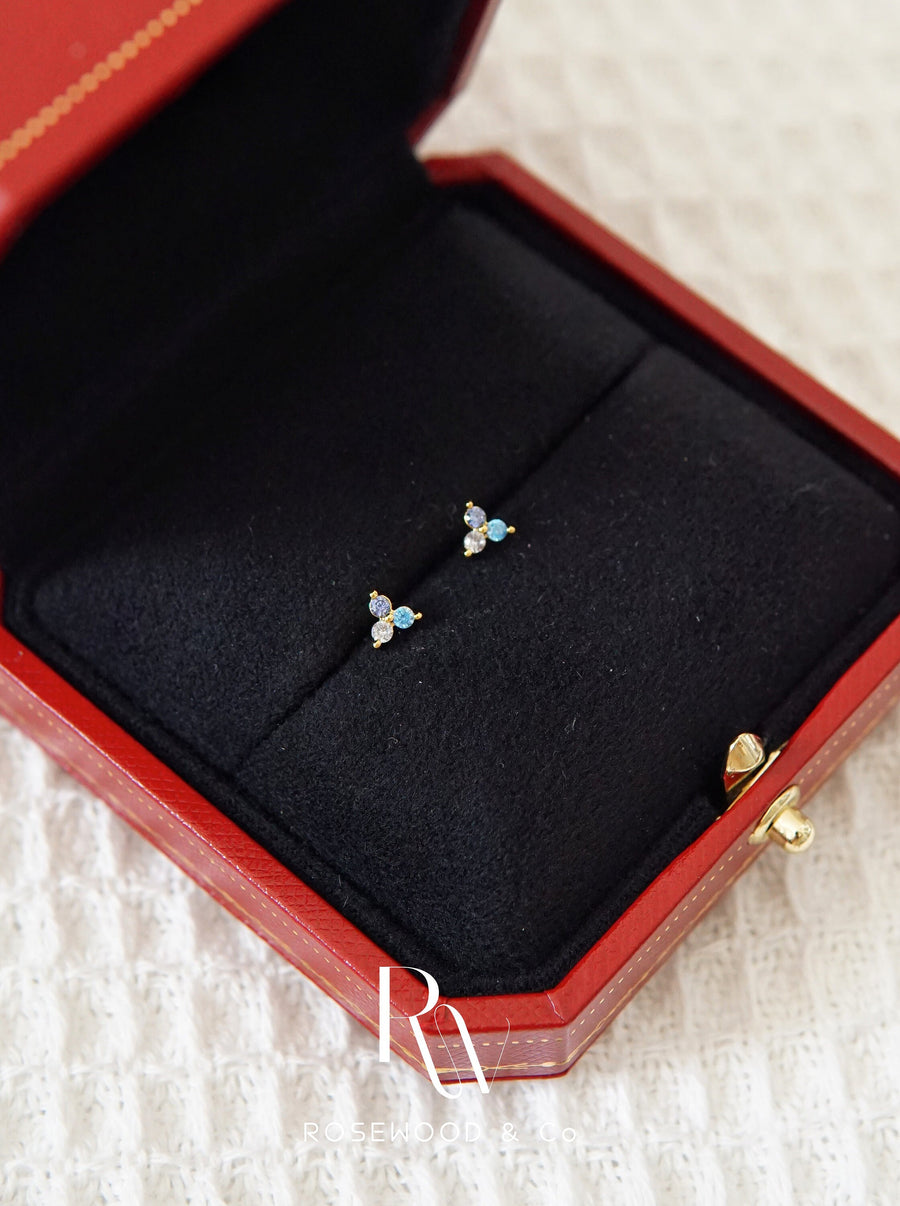 Blue Diamond Trio Stud Earrings, 14k Gold Plated Tiny Lotus Stud Earring, Blue Stacking Earrings, Flower Earrings, Dainty Diamond Earrings