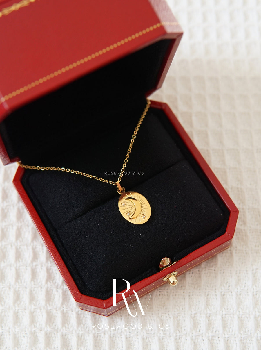 Moon and Star Pendant Necklace, Gold Starburst Necklace, 18K Gold Plated Celestial Pendant, Gift for her, Gift for mom