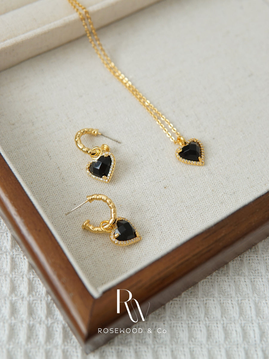 Non Tarnish Black Heart Pendant, Gold Plated Heart Necklace, Waterproof Paved Heart Necklace, Black Onyx Stone Necklace, Love Necklace