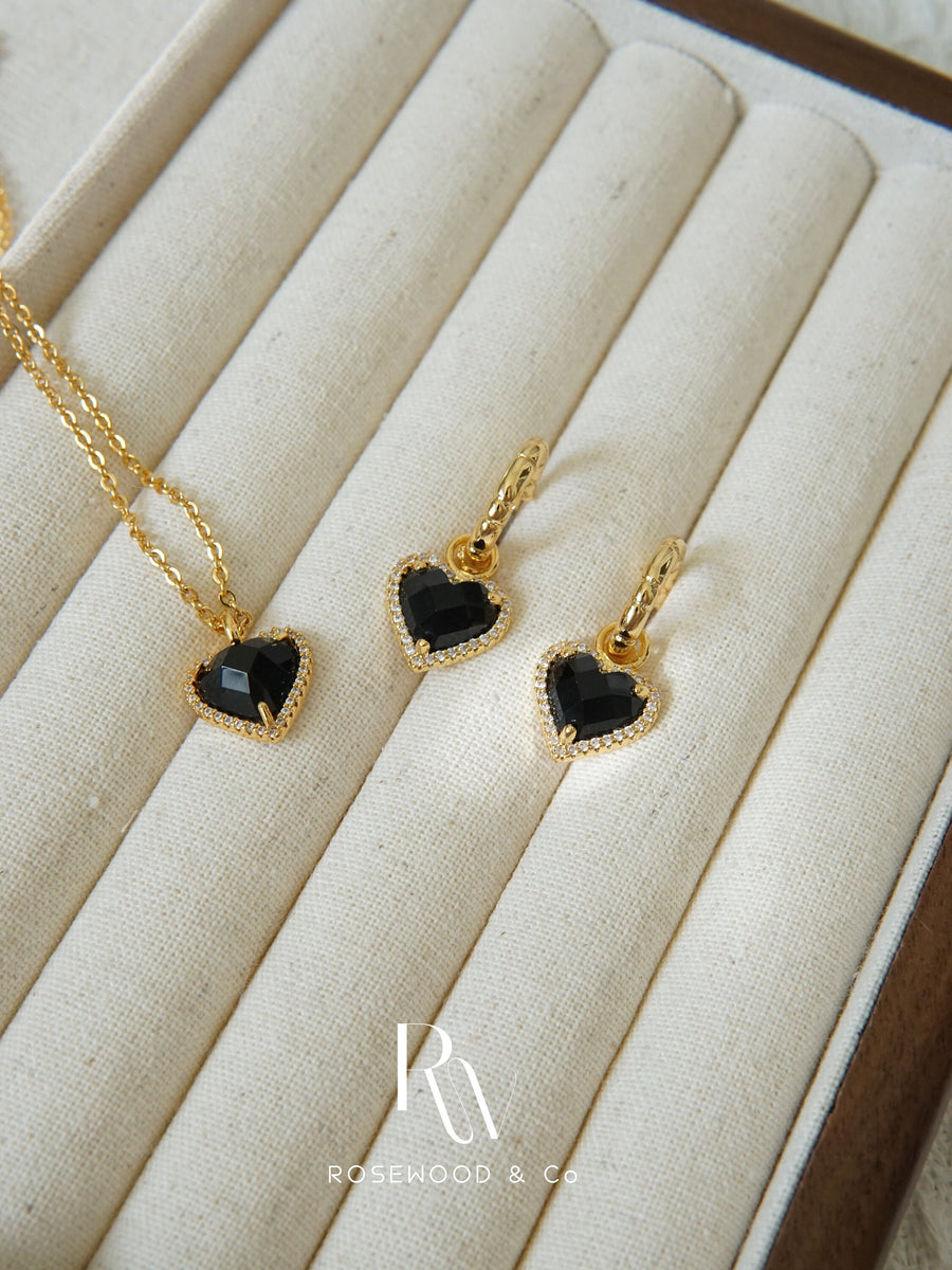 Non Tarnish Black Heart Pendant, Gold Plated Heart Necklace, Waterproof Paved Heart Necklace, Black Onyx Stone Necklace, Love Necklace