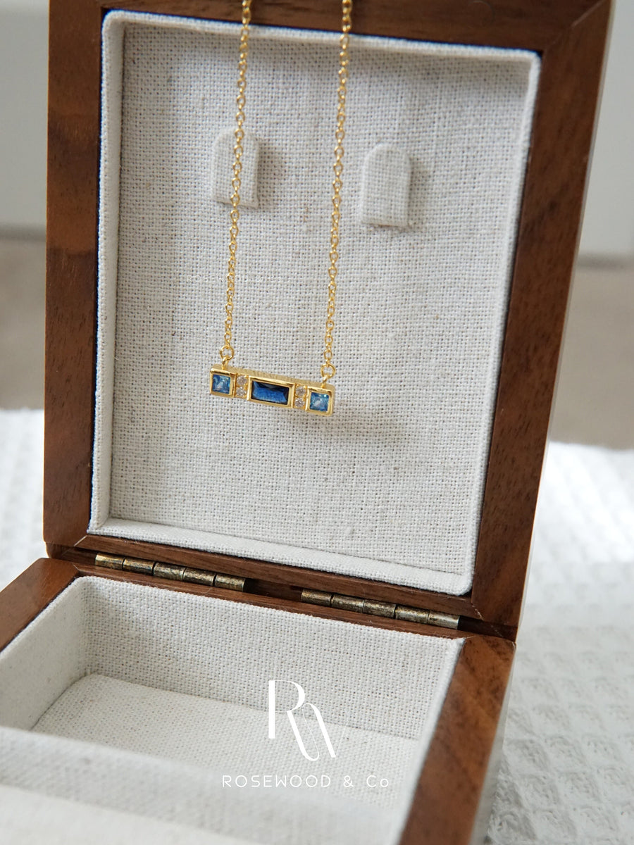 18K Gold Plated Baguette Birthstone Necklace, Blue Diamond Bar Pendant, Gift for her, Gift for mom