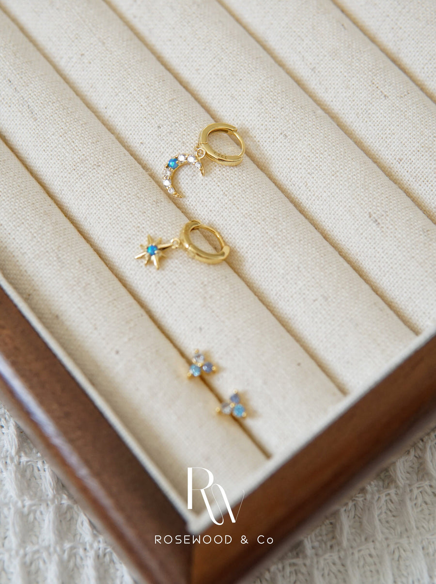 Blue Diamond Trio Stud Earrings, 14k Gold Plated Tiny Lotus Stud Earring, Blue Stacking Earrings, Flower Earrings, Dainty Diamond Earrings