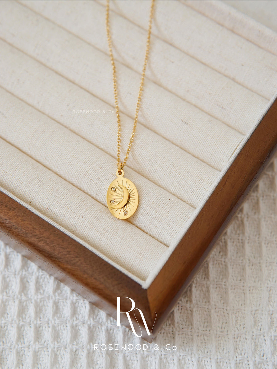 Moon and Star Pendant Necklace, Gold Starburst Necklace, 18K Gold Plated Celestial Pendant, Gift for her, Gift for mom