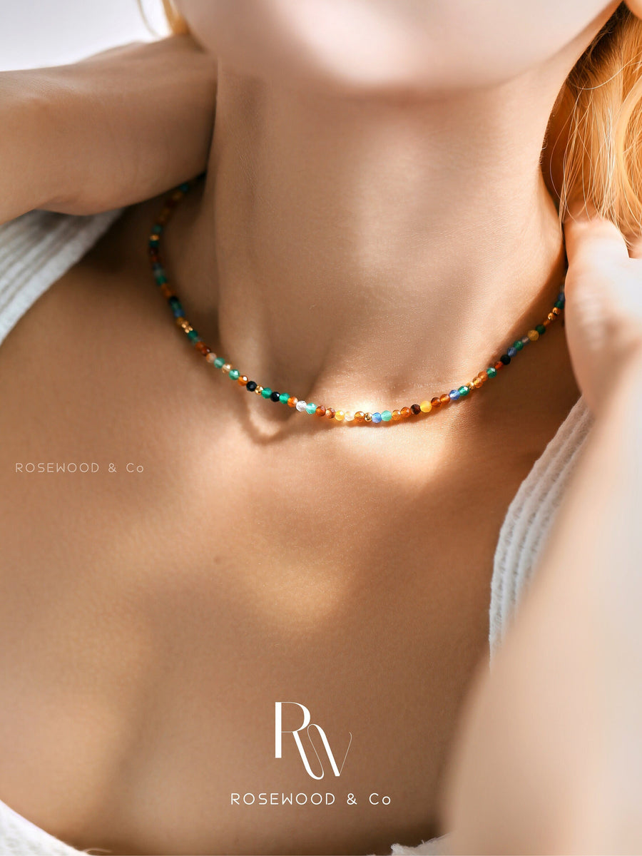 Green Agate Pendant Necklace, Non Tarnish Rainbow Beaded Necklace, Nature Gemstone Chocker, Onyx Beaded Necklace, Seed Bead Necklace