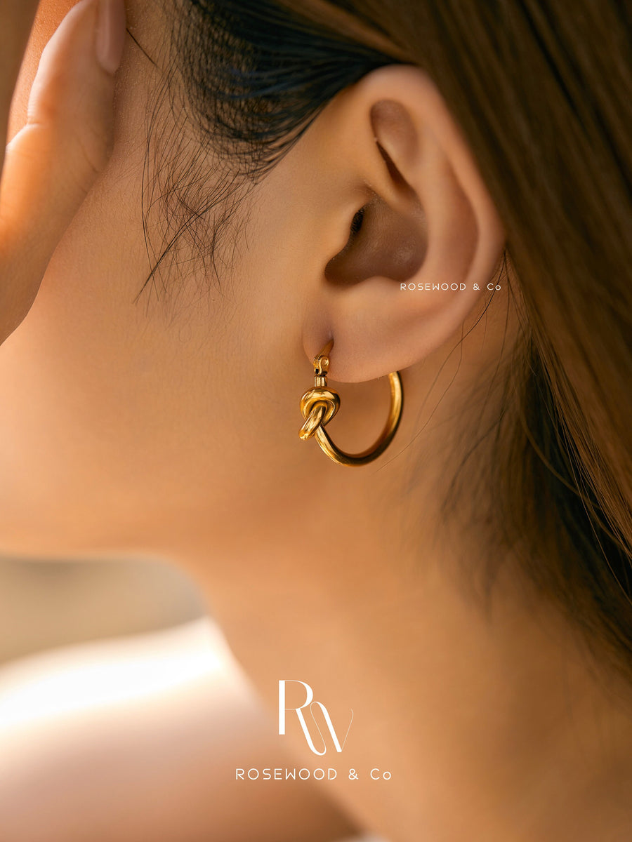 Gold Knot Drop Earring, Non Tarnish Gold Medium Hoop Earring, 18K Gold Plated Tied Hoop Earrings, Bridesmaids Gift, Gold Dangle Earring
