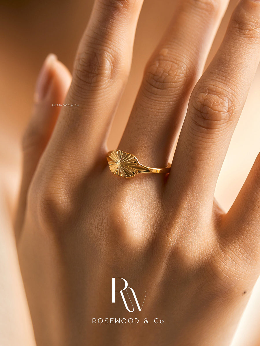 Gold Plated Sunbeam Signet Ring, Non Tarnish Sunburst Ring, Waterproof Celestial Ring, Gold Eternity Ring, Stackable Ring, Gift for mom