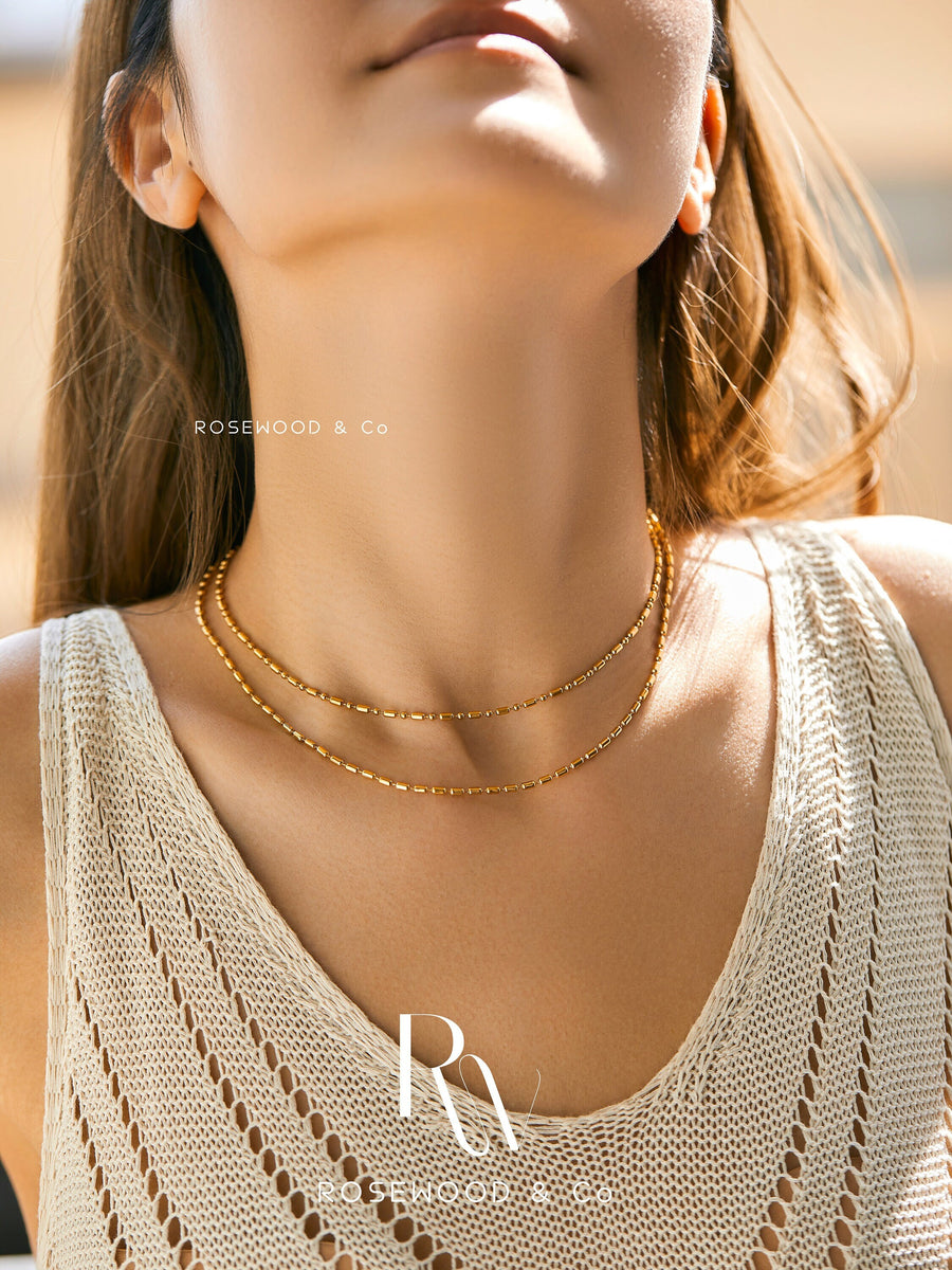 Gold Square Tube Beaded Necklace, 2-1 Double Strands Necklace, Non Tarnish Beaded Necklace, Waterproof Necklace
