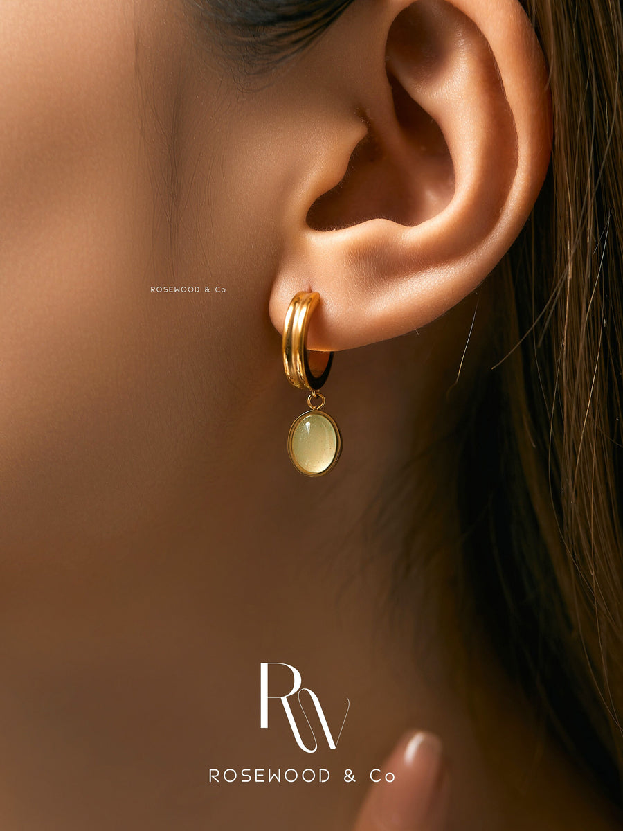Jade Hoop Earring, Green Aventurine Drop Earring, Non Tarnish Oval Dangle Earring, 18 Gold Plated Hoops, Geometric Earring, Gift for mom