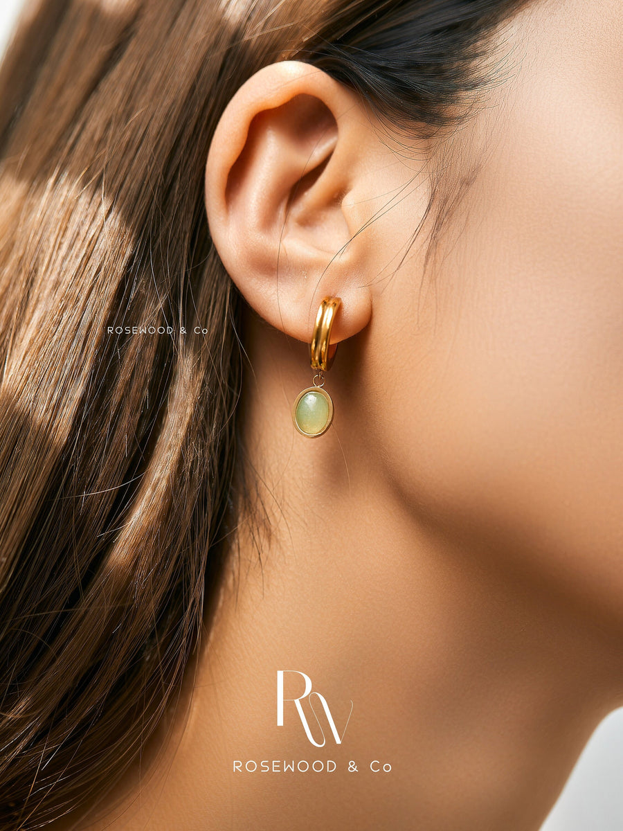 Jade Hoop Earring, Green Aventurine Drop Earring, Non Tarnish Oval Dangle Earring, 18 Gold Plated Hoops, Geometric Earring, Gift for mom