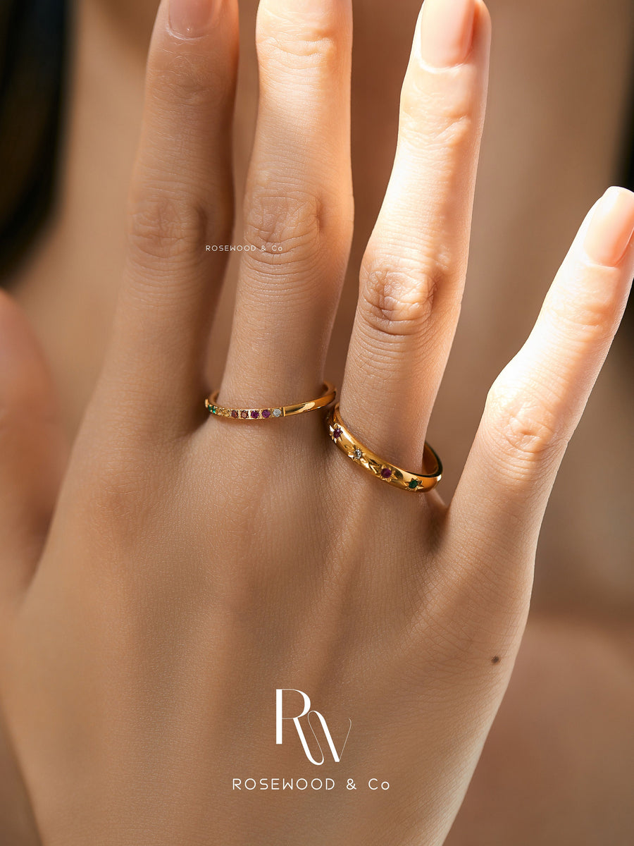 Non Tarnish Rainbow Band Ring, 1.5mm Gold Paved Band Ring, 3mm Gold Celestial Band Ring, Sun and Star Band Ring, Sunburst Ring