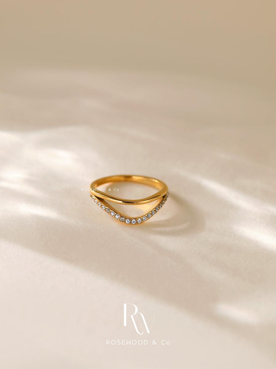 18k Gold Plated Wave Band Ring, Paved Double Band Ring, Sparkling Gold Ring, CZ Rhinestone Gold Ring, Gift for her, Gift for mom