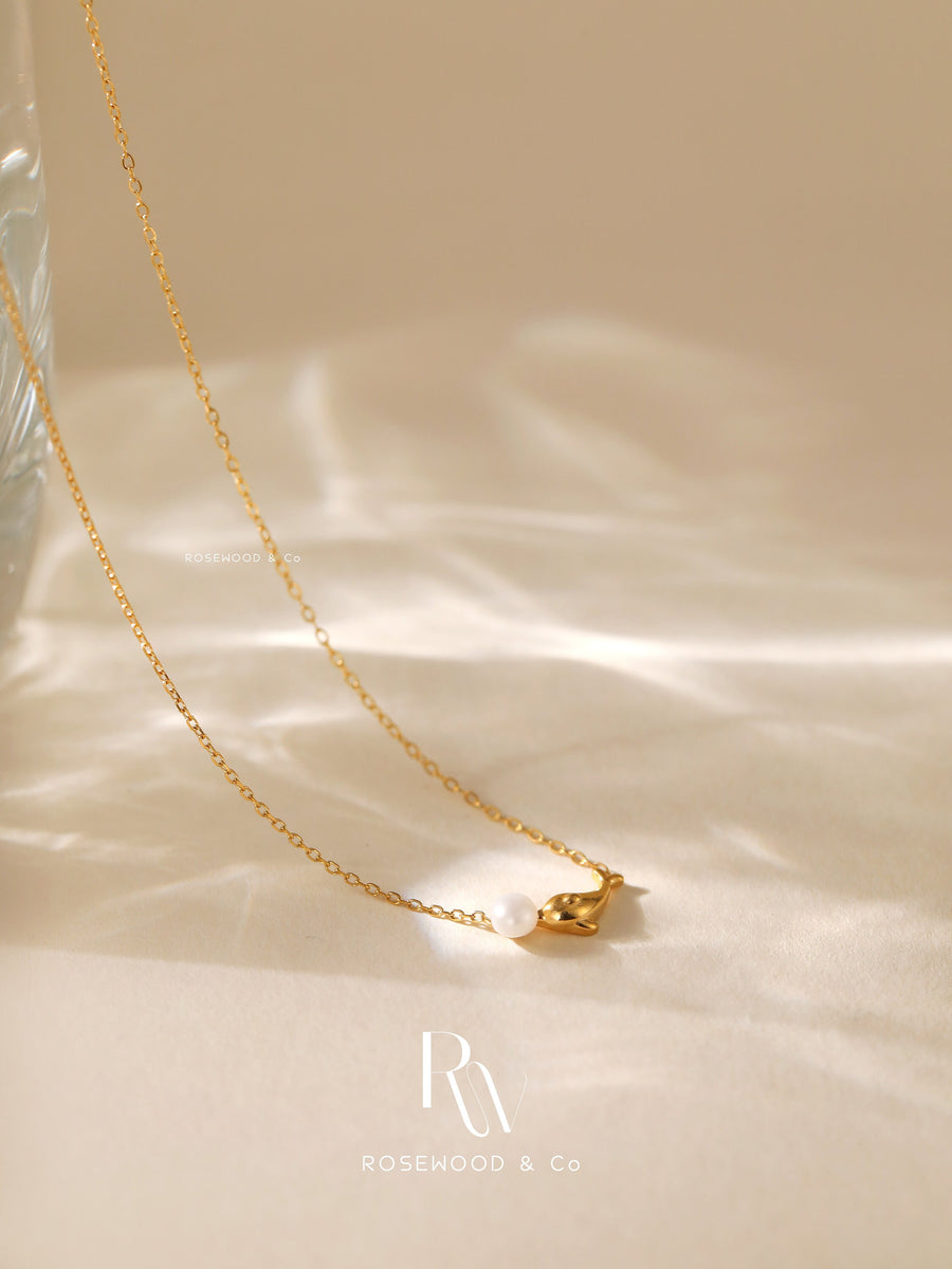 Non Tarnish Dolphin Pendant, Genuine Floating Pearl Necklace, Gold Plated Whale Pendant, Gift for her, Friendship Necklace
