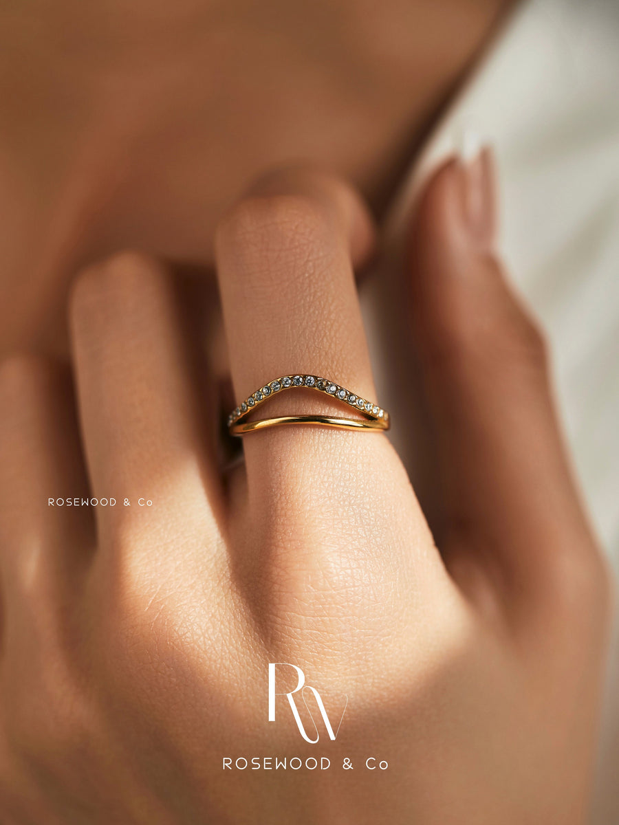 18k Gold Plated Wave Band Ring, Paved Double Band Ring, Sparkling Gold Ring, CZ Rhinestone Gold Ring, Gift for her, Gift for mom